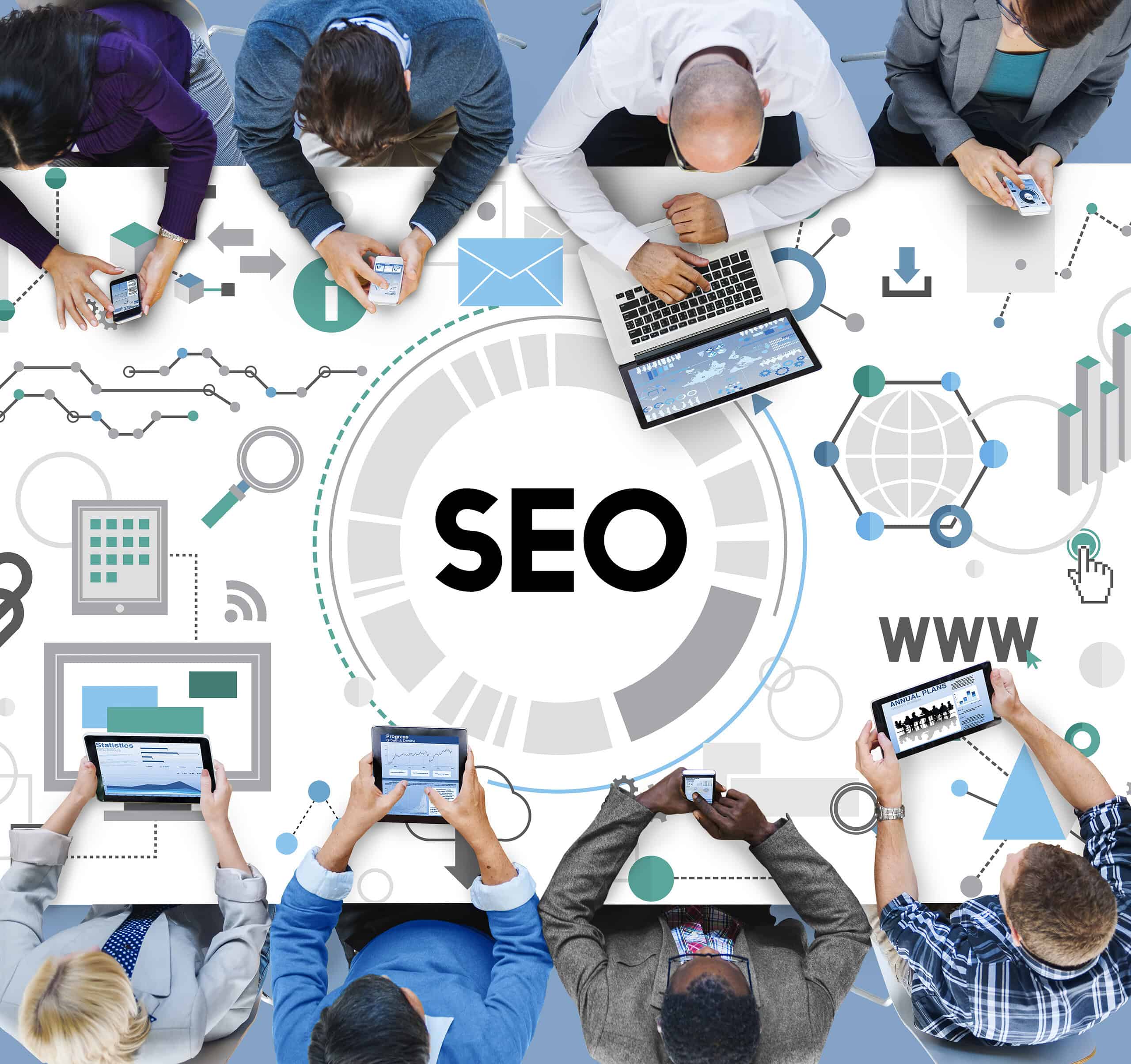 High-level SEO Audit Albania visualization showing a professional team collaborating on a data-driven search strategy to improve Google rankings and organic traffic.