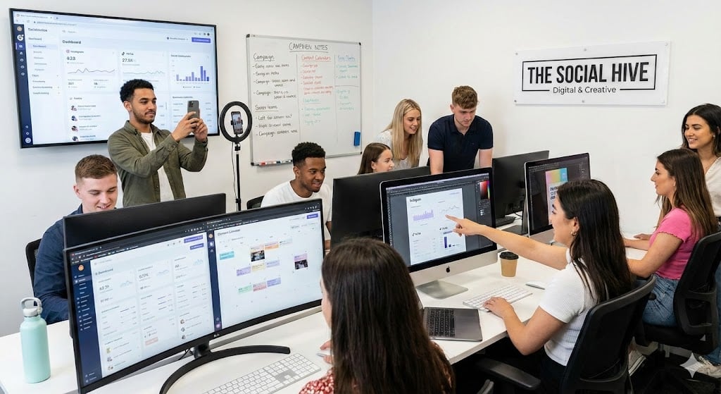 Professional agency team providing expert social media management in Albania, collaborating on content strategy and analytics in a modern Tirana office.